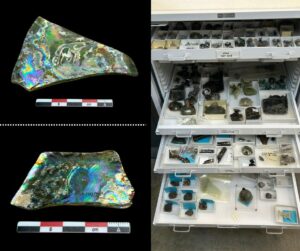 A graphic showing two unconserved glass shards excavated at Jamestown and a storage cabinet where glass artifacts are stored.